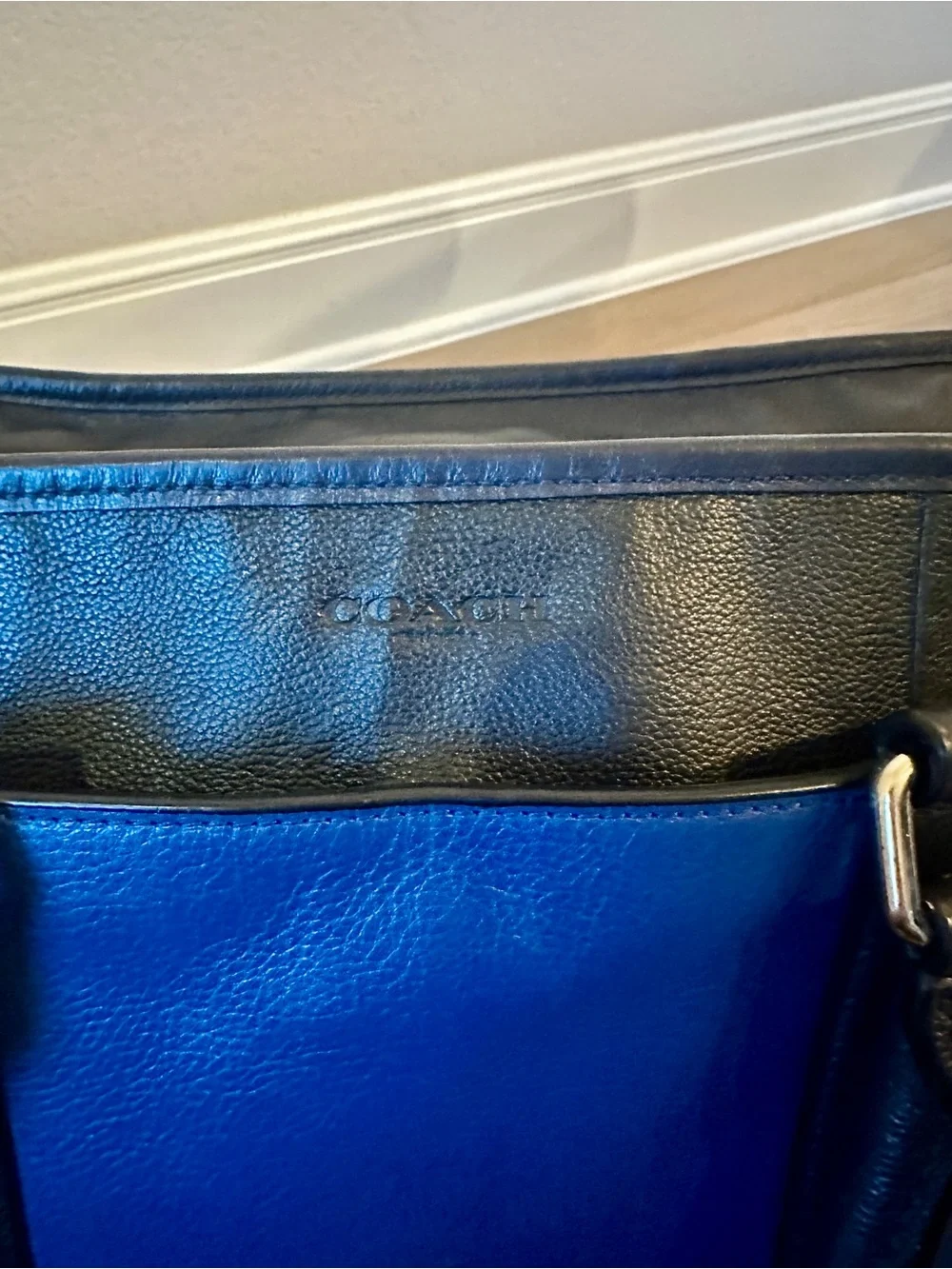 Coach Vintage Blue Navy Color Block Leather Perry Business Tote with Black Trim - Picture 11 of 16